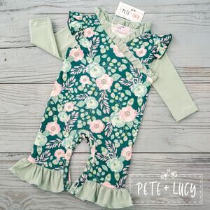 PETE + LUCY Sweet Emerald Green Ruffle Long Sleeve Romper Baby Toddler 12-18 mon